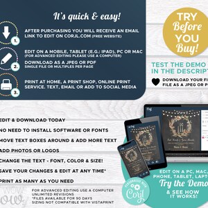 Puede incluir: Plantilla de invitaci&oacute;n digital con instrucciones. La imagen muestra una computadora port&aacute;til, una tableta y un tel&eacute;fono que muestran un dise&ntilde;o de invitaci&oacute;n de boda. El texto incluye "&iexcl;Pru&eacute;balo antes de comprar!" y "Editar y descargar hoy."