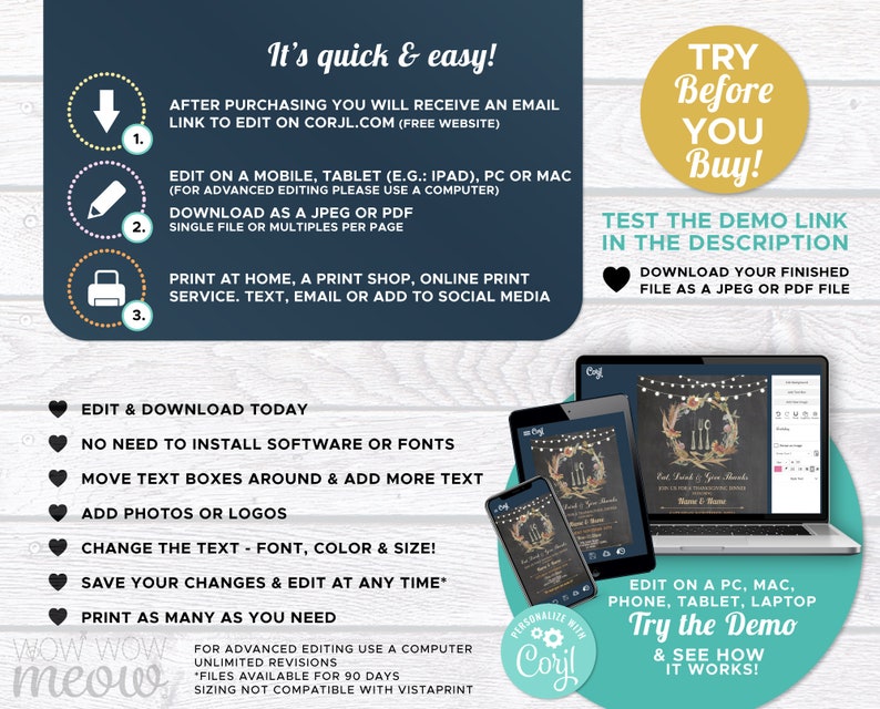 Puede incluir: Plantilla de invitaci&oacute;n digital con instrucciones. La imagen muestra una computadora port&aacute;til, una tableta y un tel&eacute;fono que muestran un dise&ntilde;o de invitaci&oacute;n de boda. El texto incluye "&iexcl;Pru&eacute;balo antes de comprar!" y "Editar y descargar hoy."