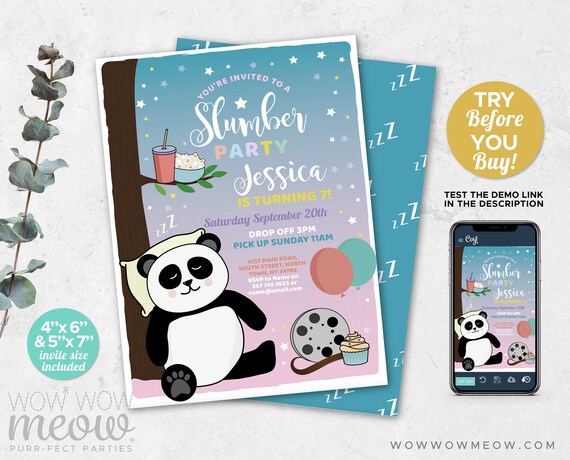 Pyjamaparty Panda Mädchen Film Pink Night Einladung Sleepover.