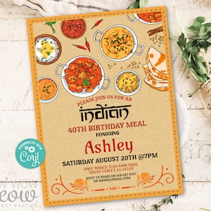 May include: An invitation to an Indian-themed 40th birthday meal for Ashley. The invitation features a colourful illustration of Indian food and text that reads "Please join us for an Indian 40th Birthday Meal Honoring Ashley Saturday August 20th @7PM Spice World, 5768 Main Road, South Street, LA 48765 RSVP to Name on 568 687 4767 or Name@Email.com"