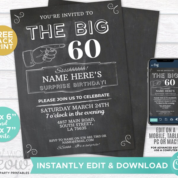 Rustic Chalk Board Mens Birthday Invite Party Invitation INSTANT DOWNLOAD 20th 30th 40th 50th 60th 70th 80th Edit Editable Printable WCBA167