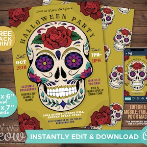 Halloween Party Sugar Skull Invitations Printable INSTANT DOWNLOAD Costume Skulls Invite Spooky Horror Day Of The Dead Personalized WCHA081