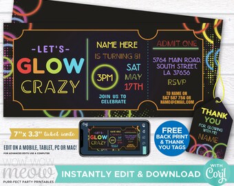 Let's Glow Crazy Tickets Glow in the Dark Invitations Admit One Party Invite Birthday INSTANT DOWNLOAD Neon Girls Boys Customize WCBK050