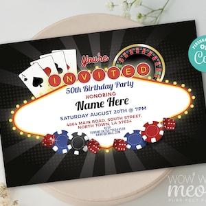 Casino anniversaire Invitation Las Vegas n’importe quel âge TÉLÉCHARGEMENT INSTANTANÉ cartes dés partie puces signe personnaliser femmes hommes modifiable imprimable WCBA006