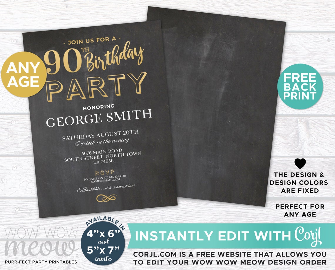 90th Birthday Invitation Elegant Gold Party Invite 90 Chalk Etsy