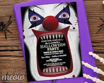 Clown Halloween Invitations Scary Horror Carnival Party Printable Digital DOWNLOAD It's a Circus Scare Invite Personalized Editable WCHA077