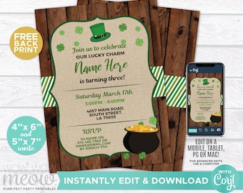 St Patricks Day Birthday Invitation Lucky Shamrock Invite Party Irish INSTANT DOWNLOAD Green Clover Girl Boy Personalize Edit Print WCSTP005