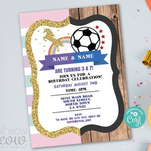 Unicorn and Football Soccer Invitation Birthday Girl & Boy Joint Shared Invite INSTANT DOWNLOAD Printable Party Editable - WCBK497