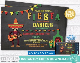 Fiesta Birthday Invitation Mexican Invite INSTANT DOWNLOAD Surprise Chalk Mexico Mens Womens Party Editable Personalize Printable WCBA105