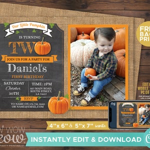 May include: A fall-themed invitation with a chalkboard-style design. The invitation features the text "Our Little Pumpkin is Turning Two" and includes a photo of a child holding a pumpkin. The invitation is for Daniel's first birthday.