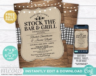 May include: A printable invitation for a couple's shower with a rustic wood and burlap background. The invitation says "Stock the Bar & Grill" and includes the couple's names, date, time, and location. The invitation is available in 4x6 and 5x7 inch sizes.