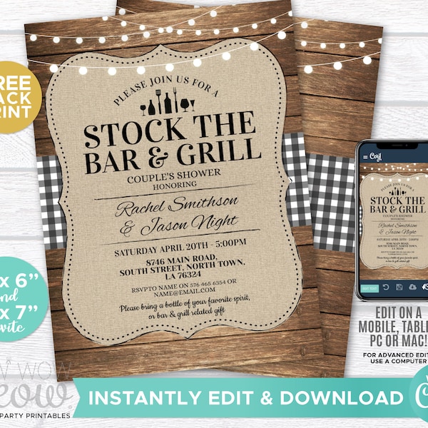 Stock The Bar and Grill Invitation Engagement Invite Couples Shower Party INSTANT DOWNLOAD Rustic Check Editable Printable WCST001