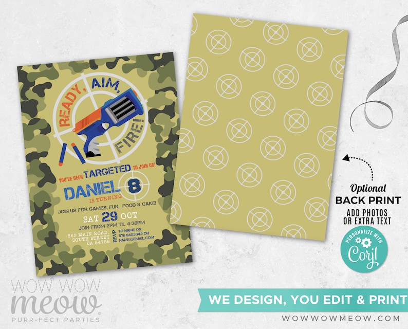 EDITABLE Dart Gun Birthday Invite Battle Camouflage Army Invitation ...