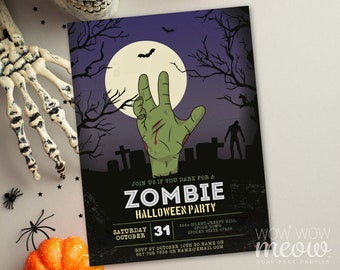 Zombie Halloween Invitations Apocalypse Party Printable INSTANT DOWNLOAD Hand Bats Spooktacular Dead Invite Personalized Editable WCHA032