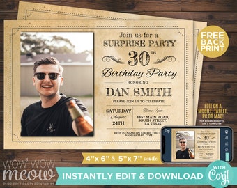 Surprise Party Invitation Rustic Birthday Photo Invite INSTANT DOWNLOAD 50th 60th 70th Men Vintage PicturePersonalize Printable WCBA065v