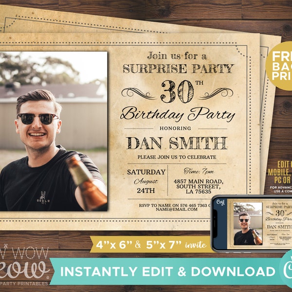 Surprise Party Invitation Rustic Birthday Photo Invite INSTANT DOWNLOAD 50th 60th 70th Men Vintage PicturePersonalize Printable WCBA065v