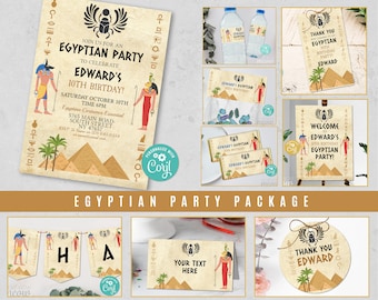 Egypt Party Birthday Bundle Égyptiens MODIFIABLES Invitations Hiéroglyphes Package Télécharger Fête des enfants WCBK518