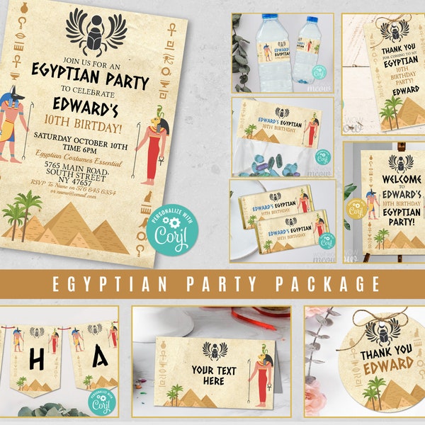 Egypt Party Birthday Bundle Égyptiens MODIFIABLES Invitations Hiéroglyphes Package Télécharger Fête des enfants WCBK518