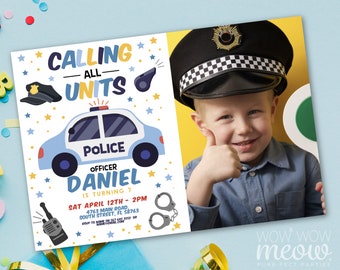 Police Invitation Photo Birthday Officer Cop Invite Car Vehicle Boys Blue Any Age Cars Report For Duty Editable Printable WCBK507