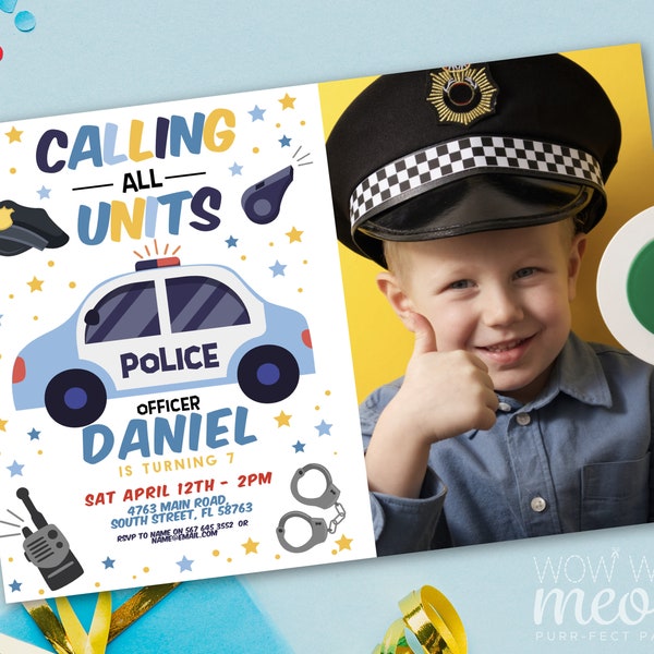 Police Invitation Photo Birthday Officer Cop Invite Car Vehicle Boys Blue Any Age Cars Report For Duty Editable Printable WCBK507