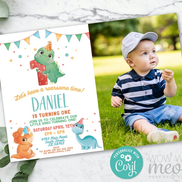 Dinosaur Birthday One Invitation Photo Party Dino 1st Invitation Cute INSTANT DOWNLOAD T-Rex Kids Girls Boys Personalize Editable WCBK443