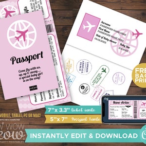 Airline Ticket Invitation Baby Shower Invite INSTANT DOWNLOAD Air Plane Girl Pink Passport Fly Personalize Editable Printable Party WCBS112