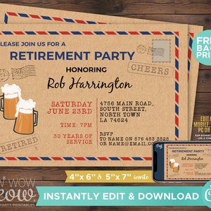 Retirement Invitation Retired Invite Envelope Postal Postcard Instant Download Printable Personalize Male Cheers Beers Celebrate WCRE037