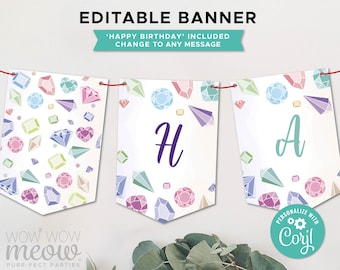 May include: Editable banner with a colorful diamond pattern. The banner says 'Happy Birthday' and includes the letters 'H' and 'A'. The banner is customizable with the text 'Personalize with Cory!'
