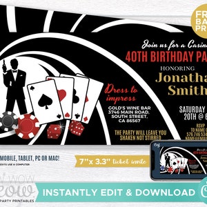 Casino Royale Any Age Invitations Top Secret Agent INSTANT DOWNLOAD Invites Editable Bond Birthday Casino Cards Tux Suit Personalize WCBA124