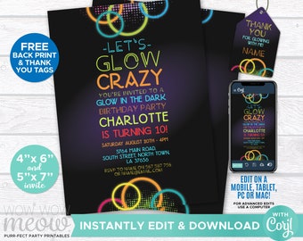 Let's Glow Crazy Invitation Glow in the Dark Invites Party Birthday Any Age INSTANT DOWNLOAD Paint Girls Boys Editable Printable WCBK050