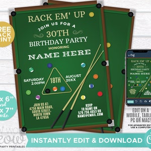 Snooker Invitations Pool Birthday Invites Billiards INSTANT DOWNLOAD Mens Women&#39;s Sports Hall Rack Balls Beers Games Edit Printable WCBA073
