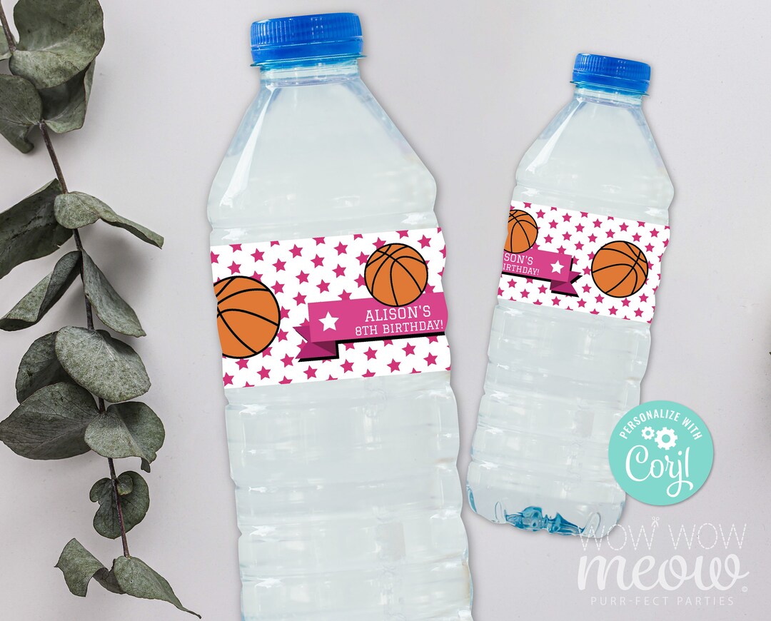 Basketball Water Bottle Labels Girls Pink Stars Sports Editable ...