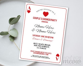 Könnte beinhalten: Eine weiße Karte mit roten Akzenten, die zu einer Paar-Dusche einlädt. Die Karte zeigt ein rotes Herz und den Text "You're invited to a Couple's Shower Party honoring Name Here & Name Here. Saturday June 3rd @ 5pm Dinner & Dancing! 4657 Main Road, South Street, LA 84634 RSVP to Name on 567655 4653 or Name@email.com The couple are registered at Amazon & Bed, Bath & Beyond."
