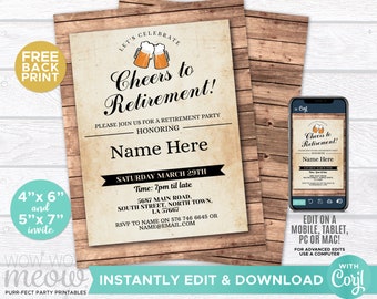 Cheers to Retirement Invitation Beers Retired Invite Letter Pub Instant Download Printable Personalize Vintage Cheers Beer Celebrate WCRE013