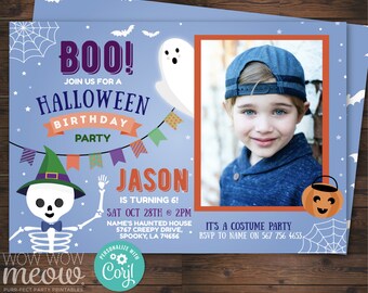 May include: Halloween birthday party invitation with a photo frame. The invitation features a skeleton, ghost, and pumpkin graphic. Text includes "BOO!", "Halloween Birthday Party", and "It's a Costume Party". The invitation is personalized for Jason, turning 6.