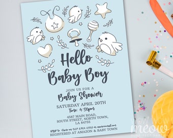 Hello Baby Shower Invitation Blue Boy Gender Reveal Teddy Boho Invites Balloons Neutral INSTANT DOWNLOAD Bohemian Party Couples WCBS155