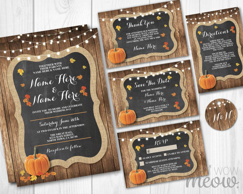 Pumpkin Wedding Invitations Set Template Fall Rustic Wood Etsy