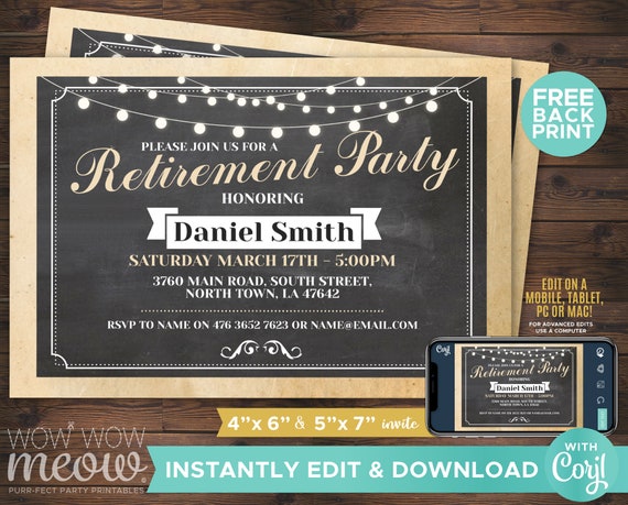 Retired Party Invitation Rustic Retirement Invite INSTANT DOWNLOAD Printable Editable Lights Womens Mens Retiring Work Announcement WCRE008