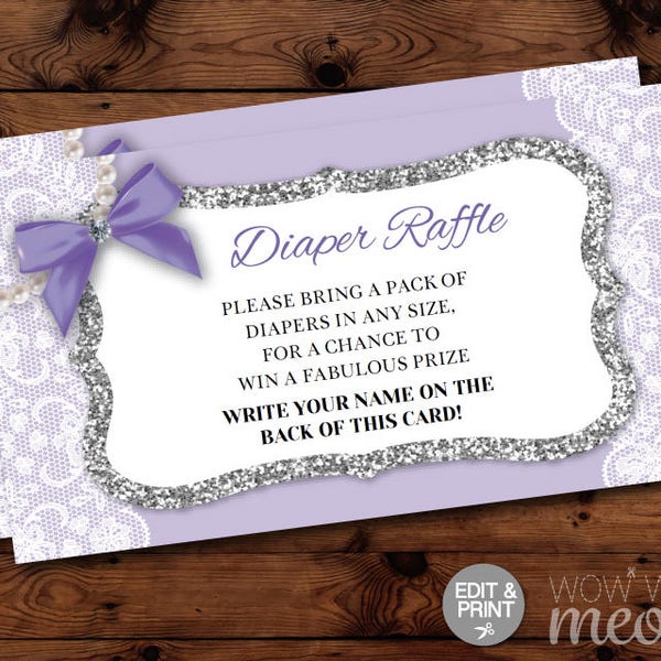 Baby Shower Diaper Raffle Card Purple Lace Silver Glitter INSTANT DOWNLOAD Lilac Diamante Bow Twins Matching Request Personalize Printable