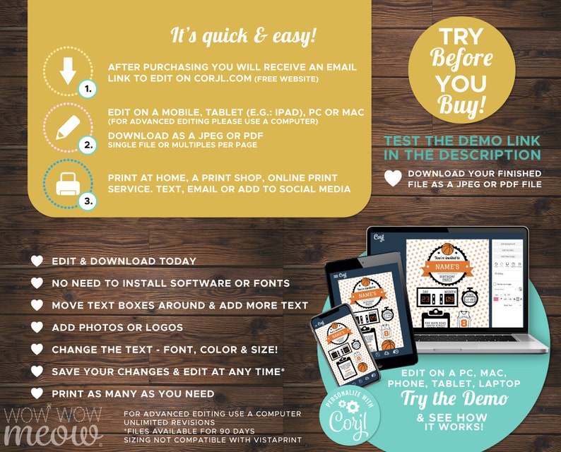May include: An advertisement graphic with a basketball theme. The text reads "It's quick & easy!" and provides instructions for editing and downloading a file. The image includes a laptop, tablet, and phone displaying the product.