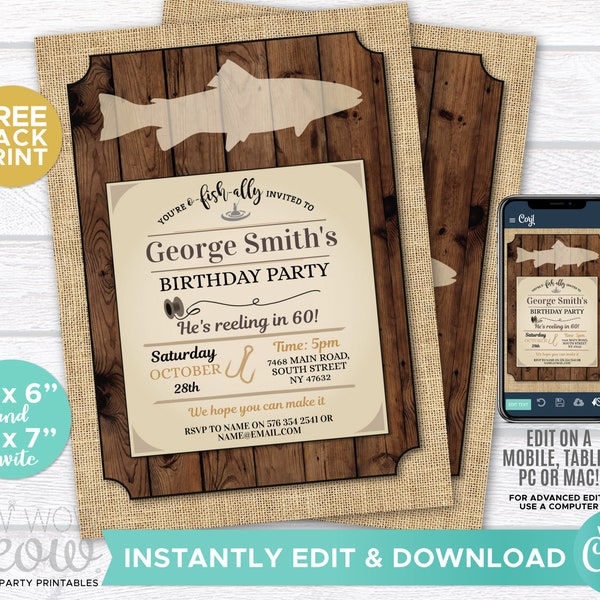 Fishing Birthday Invite Surprise Fish Party Rustic Invitation INSTANT DOWNLOAD 30th 50th Wood Men Personalize Editable Printable WCBA018