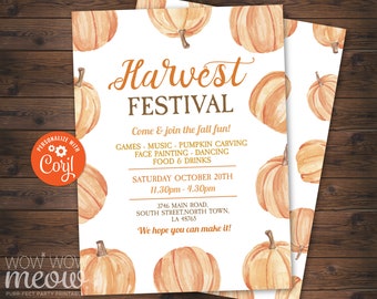 Fall Harvest Festival Invitations Party Rustic Invite Printable INSTANT DOWNLOAD 5x7 Event Church Lights Autumn Personalize Editable WCHF021