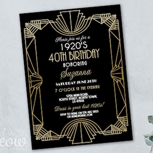 1920 Birthday Invite Art Deco Roaring 20s Invitation Party INSTANT DOWNLOAD Gatsby Gold Black Elegant Personalize Editable Printable WCBA300
