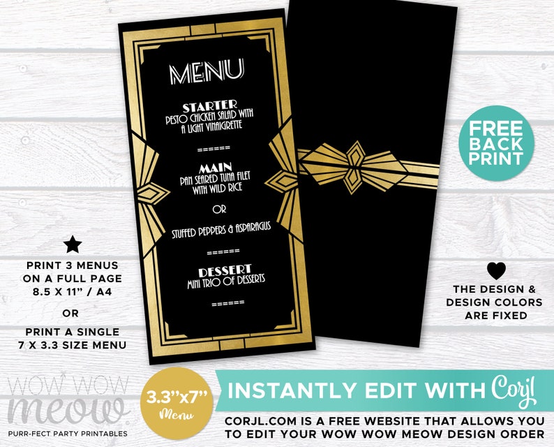 1920's Menu Dinner Gatsby Template Wedding Package INSTANT Etsy