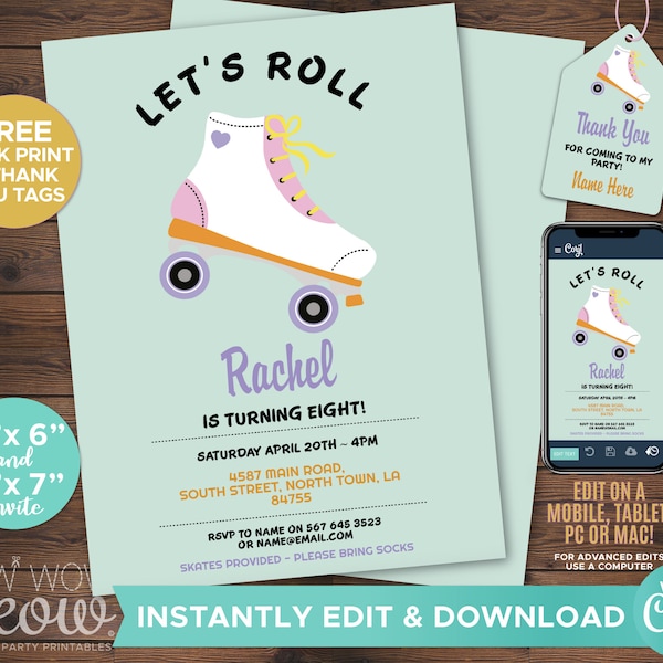 Let's Roll Invitation Roller Skating Birthday Party INSTANT DOWNLOAD Rollerskate Invite Girls Personalise Skate Customize Printable WCBK016