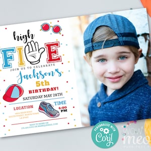 High Five 5th Birthday Invitation Photo Party Cool Boy Cute INSTANT DOWNLOAD Fifth Hat Sporty Boys Invite Any Age Editable Printable WCBK471