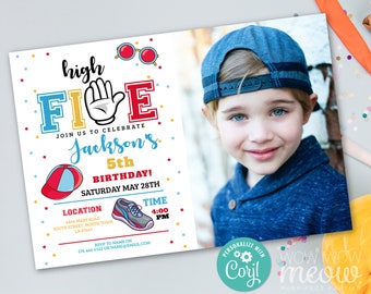 High Five 5th Birthday Invitation Photo Party Cool Boy Cute INSTANT DOWNLOAD Fifth Hat Sporty Boys Invite Any Age Editable Printable WCBK471