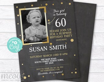 Vintage Photo Birthday Invitation Gold Party Invite INSTANT DOWNLOAD Chalk Any Age Rustic Old Image Personalize Editaebl Printable WCBA254