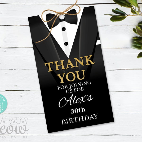 Tuxedo Black Tie Thank You Tags Secret Agent Spy Birthday Party Gift Ball Favour Cards Label Instant Download Editable Printable WCBA033