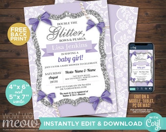 Baby Shower Purple Invitations It's A Girl Lilac Double The Glitter Invite DOWNLOAD Bows Silver Personalize Editable Printable Party WCBS006